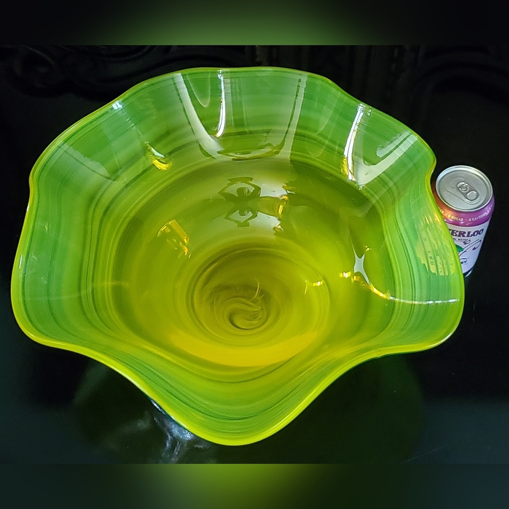 Huge Blenko 17" Handmade Yellow & Blue Art Glass Bowl - Picture 2 of 13